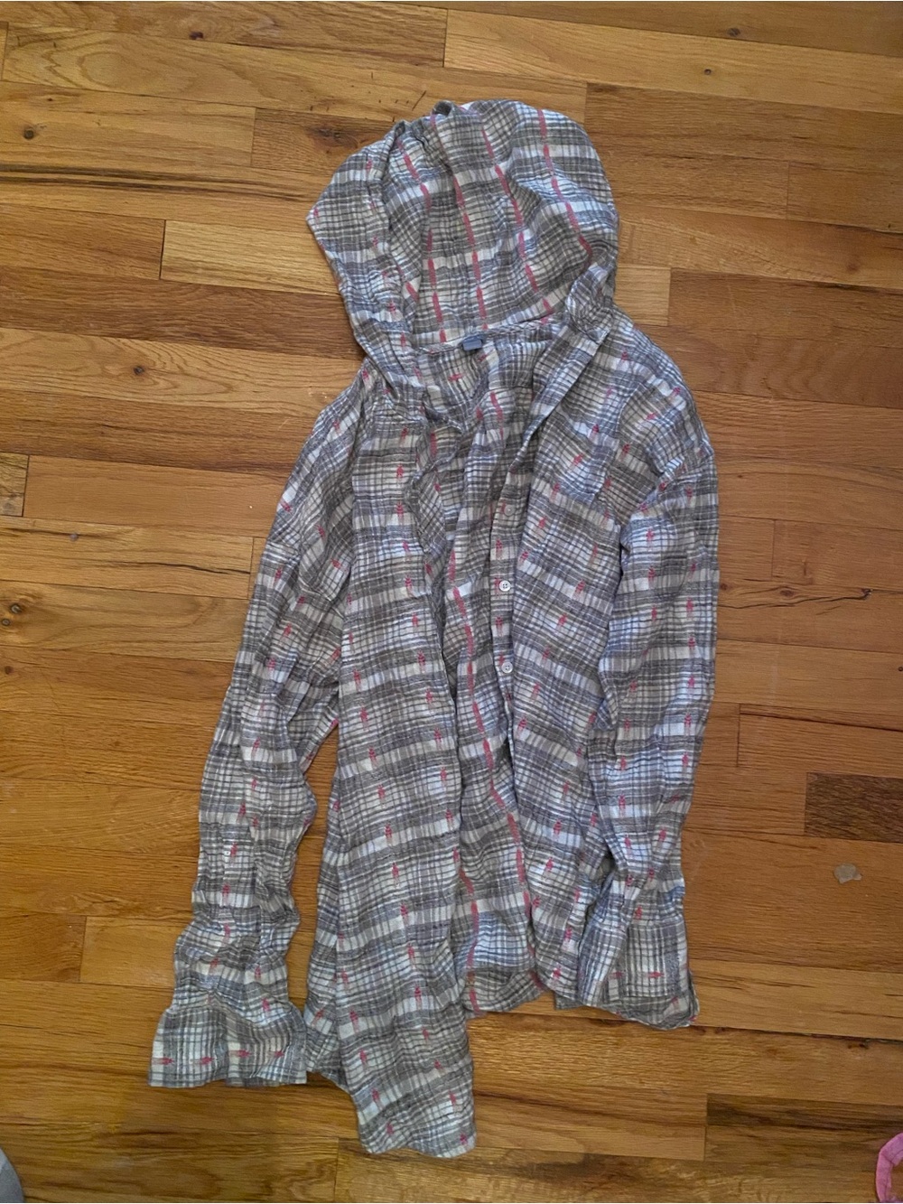 Womans Hooded Plaid Button-Up flannel - Gray & pink